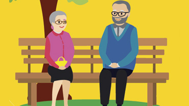 Piirroskuva, ikäihmiset nainen ja mies istuvat penkillä vierekkäin, keltainen tausta, puu taustalla
