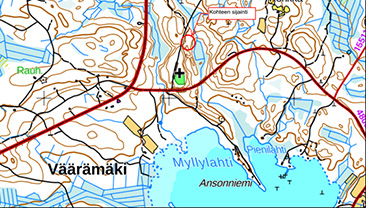 Kartta Villalan alueesta, jossa tarkkailua on tehty pohja- ja pintavesissä